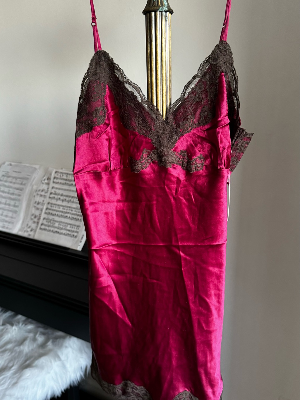 Silk-Feel Magenta Lace Trim Slip Dress